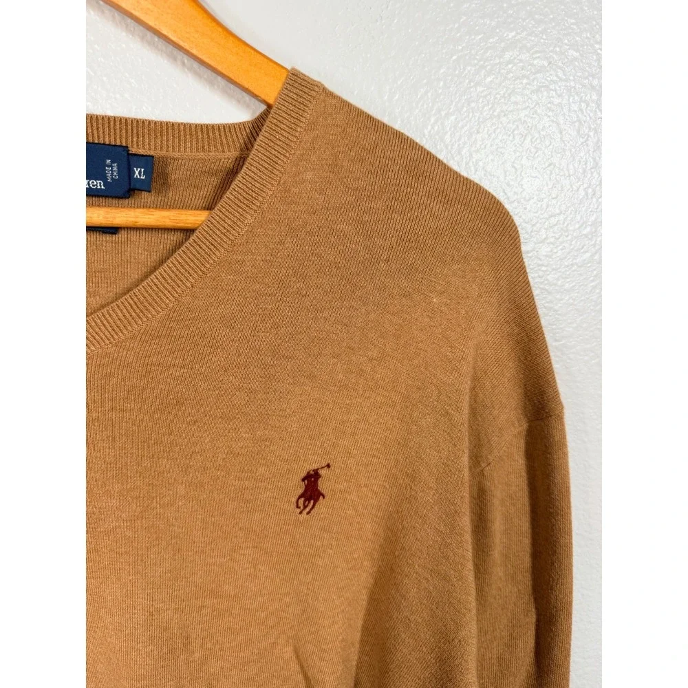 Polo Ralph Lauren Sweater Mens XL Brown V Neck Long Sleeve Pima Cotton‎ Preppy